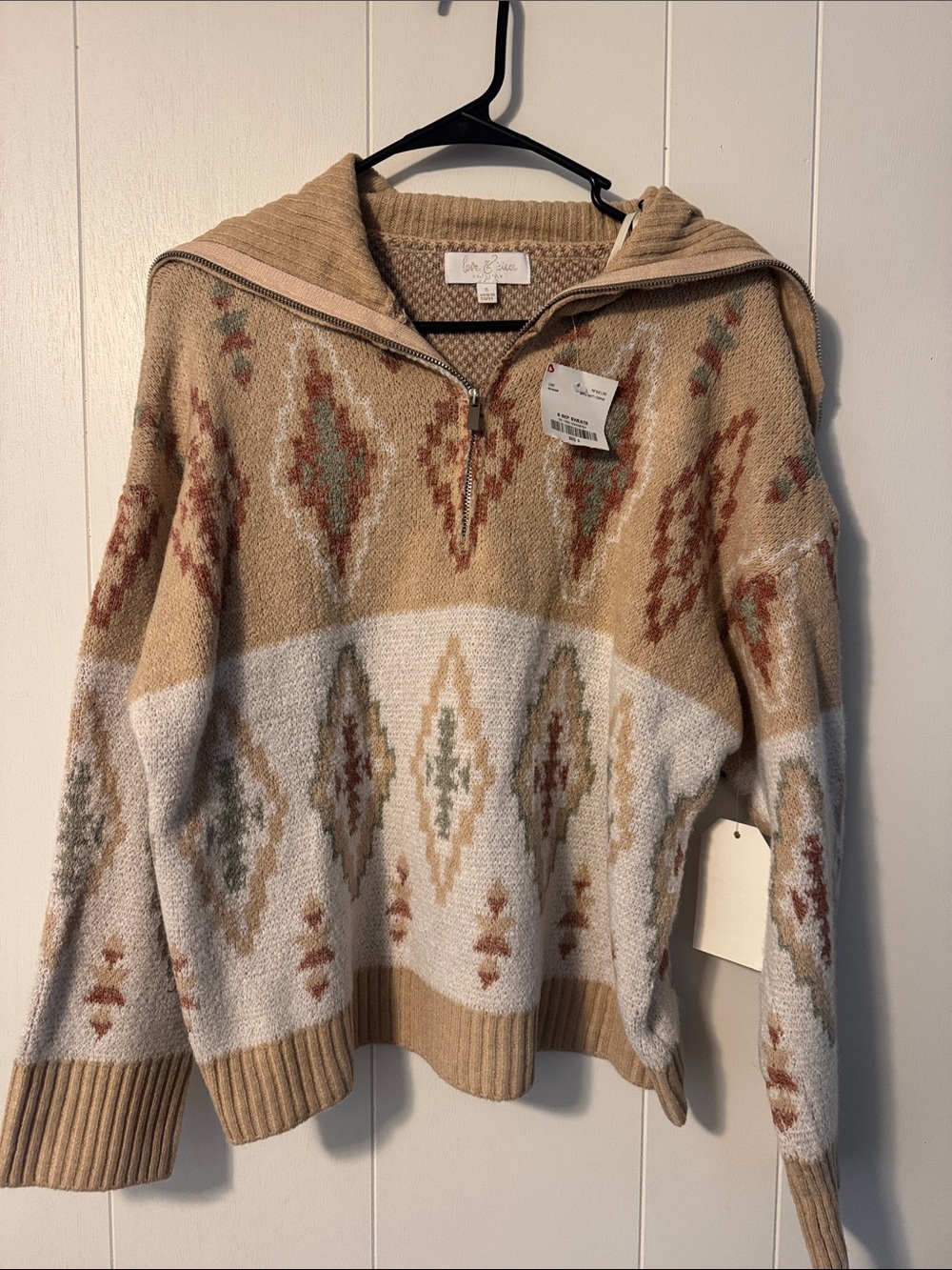 Soft Aztec Zip-Neck Sweater in Beige & Cream NWT